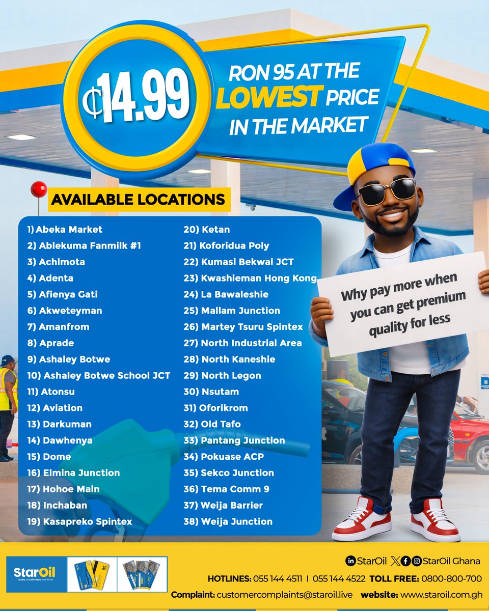 staroilghana's tweet image. Dear Starsavers,

Why spend more on premium fuel when you can enjoy 𝐒𝐭𝐚𝐫𝐎𝐢𝐥 𝐑𝐎𝐍 𝟗𝟓 at just 𝐆𝐇¢𝟏𝟒.𝟗𝟗?

Kindly visit any of the listed outlets to enjoy premium quality for less.

#EveryDropCounts
#QualityYouCanAfford
#StarOilGhana
#IamAStarSaver