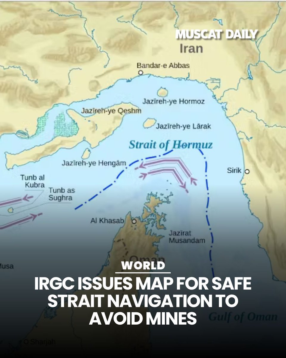 muscat_daily's tweet photo. The IRGC has released a map outlining alternative routes in the Strait of Hormuz to avoid naval mines. Ships are advised to coordinate with Iranian authorities and follow a northerly path. 

#Iran #StraitOfHormuz #IRGC #ShippingAlert https://t.co/nJZbHbEakD