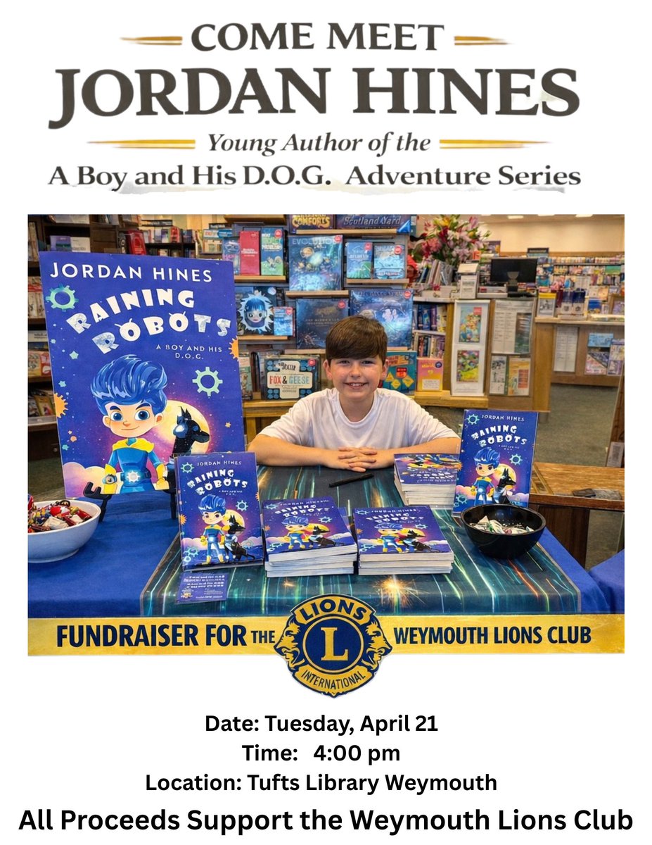 aboyandhisdogjh's tweet image. Join us April 21 from 4–7 PM at Tufts Library!

Jordan Hines, author of A Boy and His D.O.G., is hosting a special fundraiser for the Weymouth Lions Club 
Books, fun, and giving back—what could be better?
Come support a great cause 💙
#WeymouthMA #Fundraiser #CommunityMatters