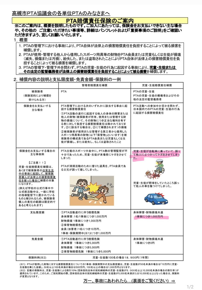 igumama's tweet image. #高槻市PTA協議会 に加入する #PTA が、支払限度額1,000万円ぽっちの個人賠償責任保険をエサにPTA会員を増やそうとしてるゆ😭
みんな個人賠償付自転車保険なり、賠償特約付自動車保険なり入ってるゆ？
完全な無駄だゆ。
目を覚ませ保護者‼️
会員家庭の子だけ対象となる活動すなPTA‼️
#高槻市
