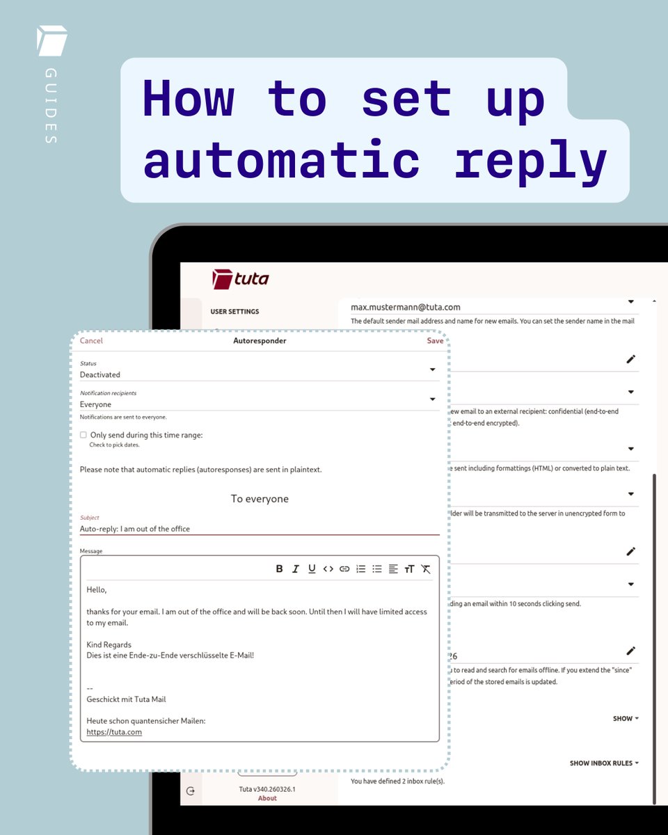 TutaPrivacy's tweet image. There are alternative email providers to #BIGTECH with all the classic features you need!

At Tuta, we offer quantum-proof encryption for your mailbox &amp;amp; excellent features (🔥 which our team is rolling out faster &amp;amp; faster 🔥).

Have you tried Automatic Reply? If not, give it a