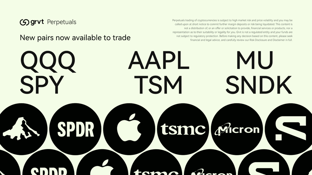 grvt_io's tweet photo. $QQQ, $SPY, $AAPL, $TSM, $MU, and $SNDK perps are LIVE on Grvt!

🟢 Up to 10x leverage

Earn up to 11% yield on your collateral while you trade. 👇 https://t.co/5SrGsqw1UH