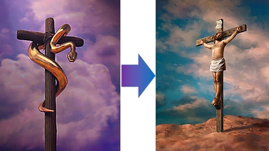 daviator68's tweet photo. The Crucifix is the Son of Man lifted Up
This is like the snake on a poll from Moses, that they must look upon Him on the tree, on the cross and believe. This is why we should have the Crucifix and not the empty cross. (perhaps another work of the enemy, to undo what Yeshua ordained? You decide...)

To look at the fiery serpent only restored life on earth, but they still died; while looking upon Yeshua restores Eternal Life in Heaven.

And where do we know a fiery serpent from, the one who gives treasures on earth rather than in Heaven?

Yeshua really mirrored everything  the serpent did, but did it the right way. This is why Yeshua did intend to replace the Levitical priests with His own. And the manna that only sustained earthly life, that they ate and died, Yeshua replaced with Manna that instead yields Eternal Life to those who first believe.

14 And as Moses lifted up the serpent in the wilderness, so must the Son of Man be lifted up,

“40 For this is the will of my Father,
that everyone who looks on the Son and believes in him should have eternal life,
and I will raise him up on the last day.””
[John 3:14, 6:40]

8 And the Lord said to Moses, “Make a fiery serpent and set it on a pole, and everyone who is bitten,
when he sees it, shall live [to die another day].” 9 So Moses made a bronze/copper serpent and set it on a pole. And if a serpent bit anyone, he would look at the bronze serpent and live. [Numbers 21:8-9]