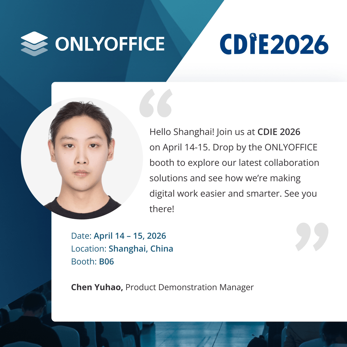 only_office's tweet image. Join us at the China Digital Innovation Expo 2026 🇨🇳

Meet us in Shanghai on April 14-15 for a premier global event where digital transformation and business innovation converge.

🌐 cdie.cn/2026-CDIE-SH

#CDIE2026 #DigitalTransformation #Innovation