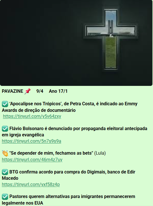 A partir de hj, volta a circular meu clipping de notícias do meio evangélico. Todos os dias às 7h30 no zap. 

Clique aqui para receber gratuitamente.
tinyurl.com/5xkj3j54