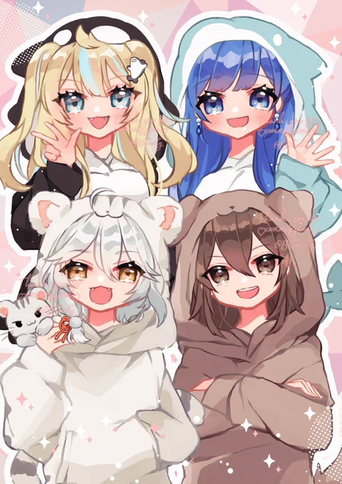 集合でのご依頼ありがとうございました (プランB・4名での集合1枚絵/各ソロ画差分あり) #イラストオーダー #有償依頼受付中