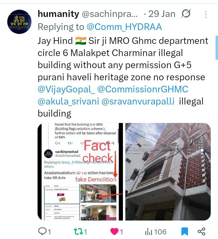 NarsingPra34804's tweet image. Since 2019 
complaints, #HYDRAA @GHMCOnline @malkpetDC @acp_6 No Demolition  G+5floor illegal construction building  #encroachers On Government public Road 

The #structure, built without #permissions, blocking Govt Road 
👆#Judiciary #TelanganaLokyuktaC  pic.x.com/YQmhAubYfu