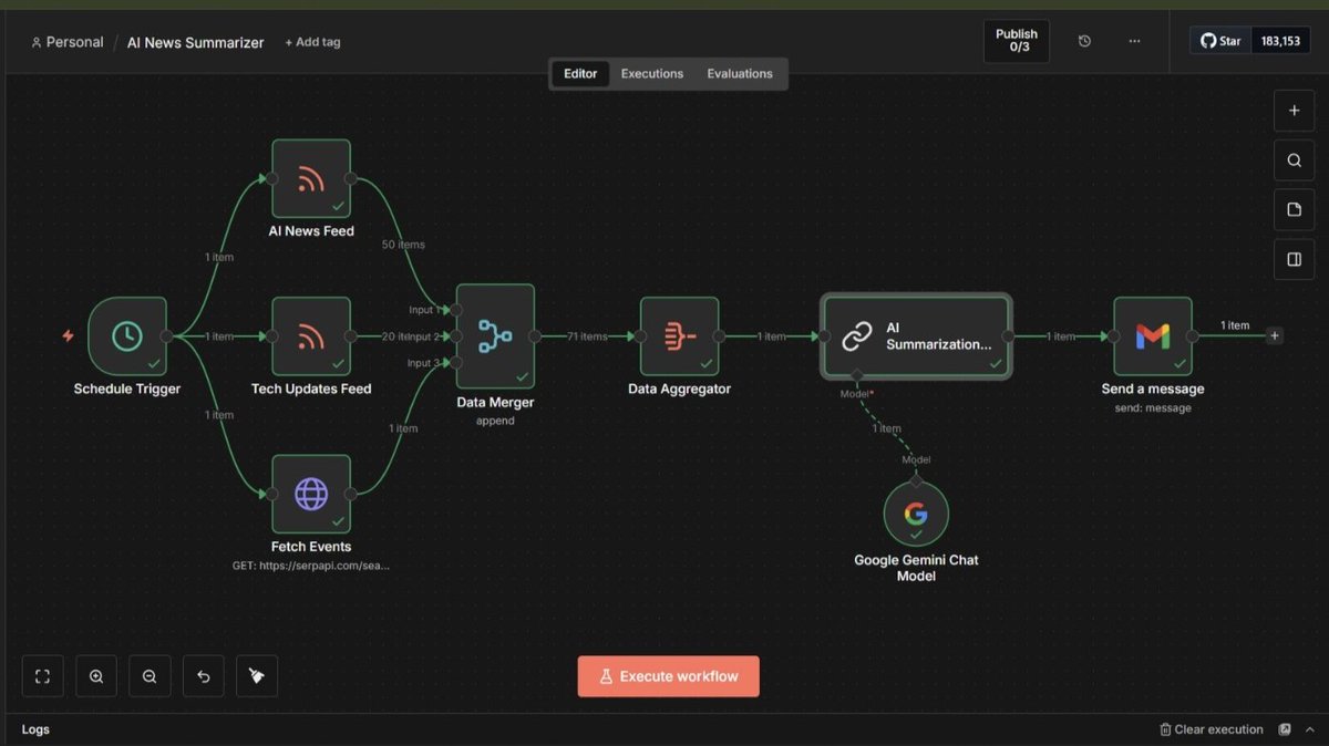 Raisaaaar's tweet photo. Built an AI News Summarizer with n8n + Gemini + SerpApi ๐ค
Fetches AI news + events โ summarizes โ sends daily Gmail brief automatically.
#GenAI #LLM #n8n #SerpApi #GoogleGemini #Automation #BuildInPublic https://t.co/HJUkeEbepp