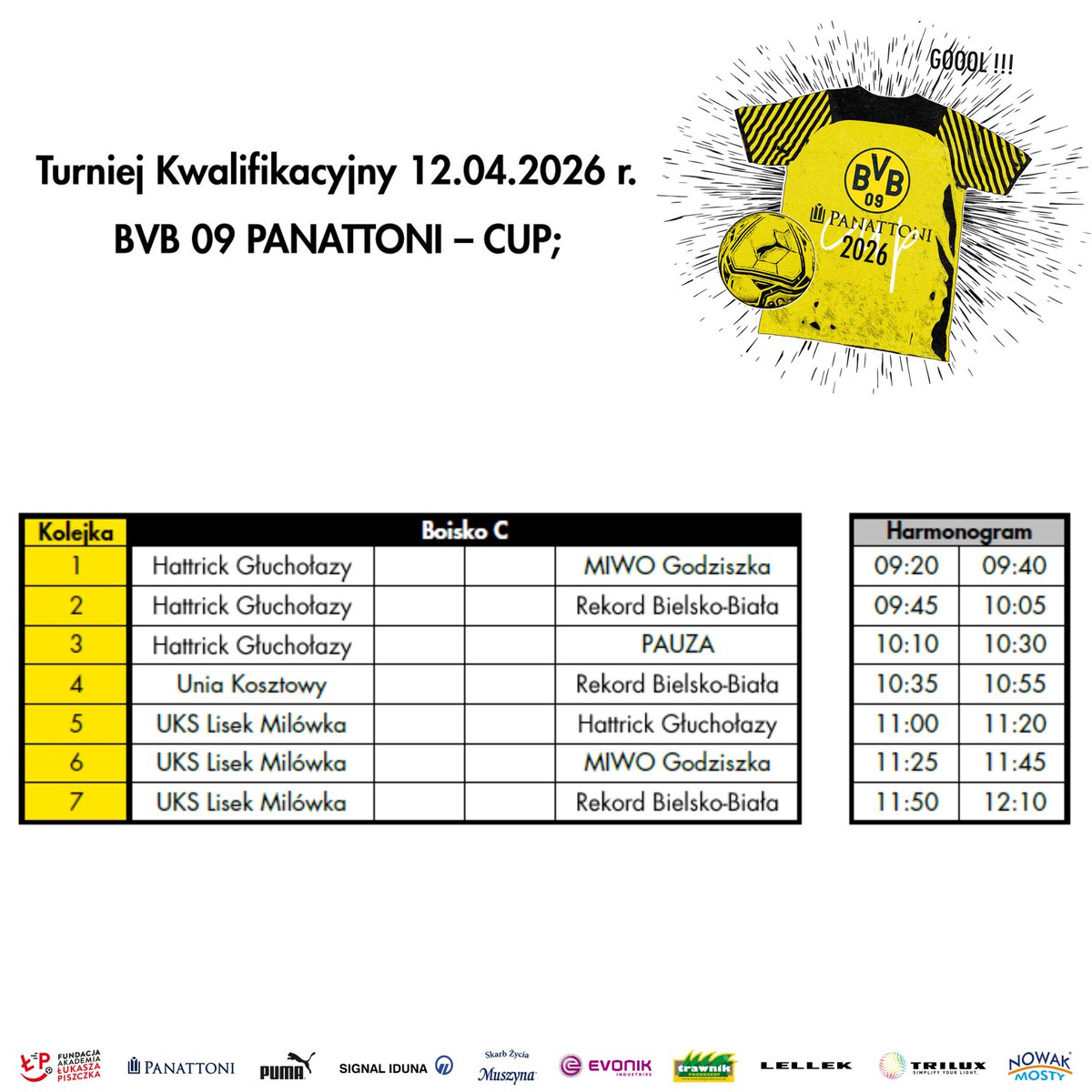 AkademiaBVB's tweet photo. PrezentujeMY HARMONOGRAM I Turnieju Kwalifikacyjnego – 12.04.2026 r.⚽🖤💛📅

Turniej zostanie rozegrany w formule „każdy z każdym” w systemie 5x5🧑‍🏫

ŻyczyMY wszystkim zawodnikom powodzenia i wielu piłkarskich emocji! 💪⚽ - dajMY z siebie wszystko 🖤💛 https://t.co/5Zfjd5VZ9h