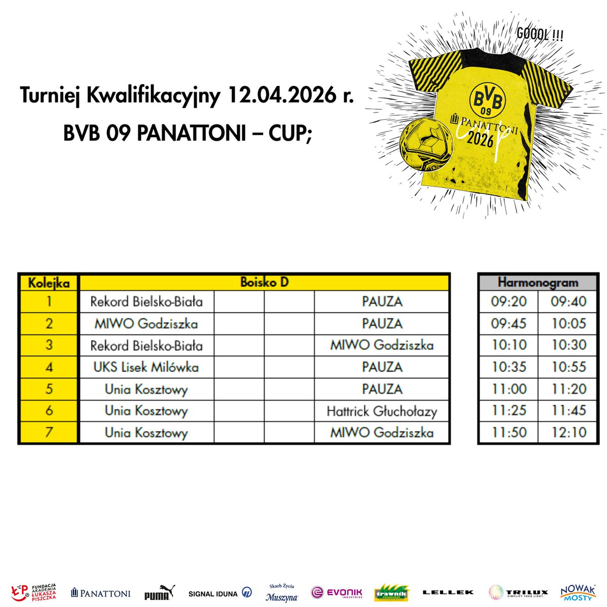 AkademiaBVB's tweet photo. PrezentujeMY HARMONOGRAM I Turnieju Kwalifikacyjnego – 12.04.2026 r.⚽🖤💛📅

Turniej zostanie rozegrany w formule „każdy z każdym” w systemie 5x5🧑‍🏫

ŻyczyMY wszystkim zawodnikom powodzenia i wielu piłkarskich emocji! 💪⚽ - dajMY z siebie wszystko 🖤💛 https://t.co/5Zfjd5VZ9h