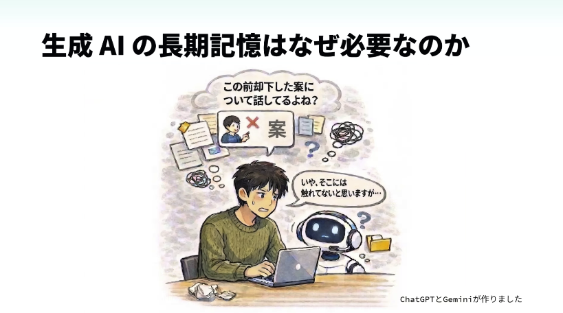 mmm_fff_tec's tweet photo. 人も買い物メモや、知人の誕生日などをメモして長期記憶にしている。生成AIも同様に長期記憶が必要、だと。なるほどなー #TWMeetup

https://t.co/EyRzhtH0vF https://t.co/3vJesSsCwi