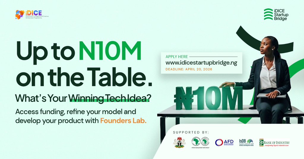 🚀 *The iDICE Startup Bridge Programme is now LIVE!*

This innovative inclusive and sponsored programme targets Tech idea-stage founders between 18 to 35 years in Nigeria.

✨ What you’ll get:

1. Business skills and information 
2. Co-working space support (WiFi &amp; meeting rooms)