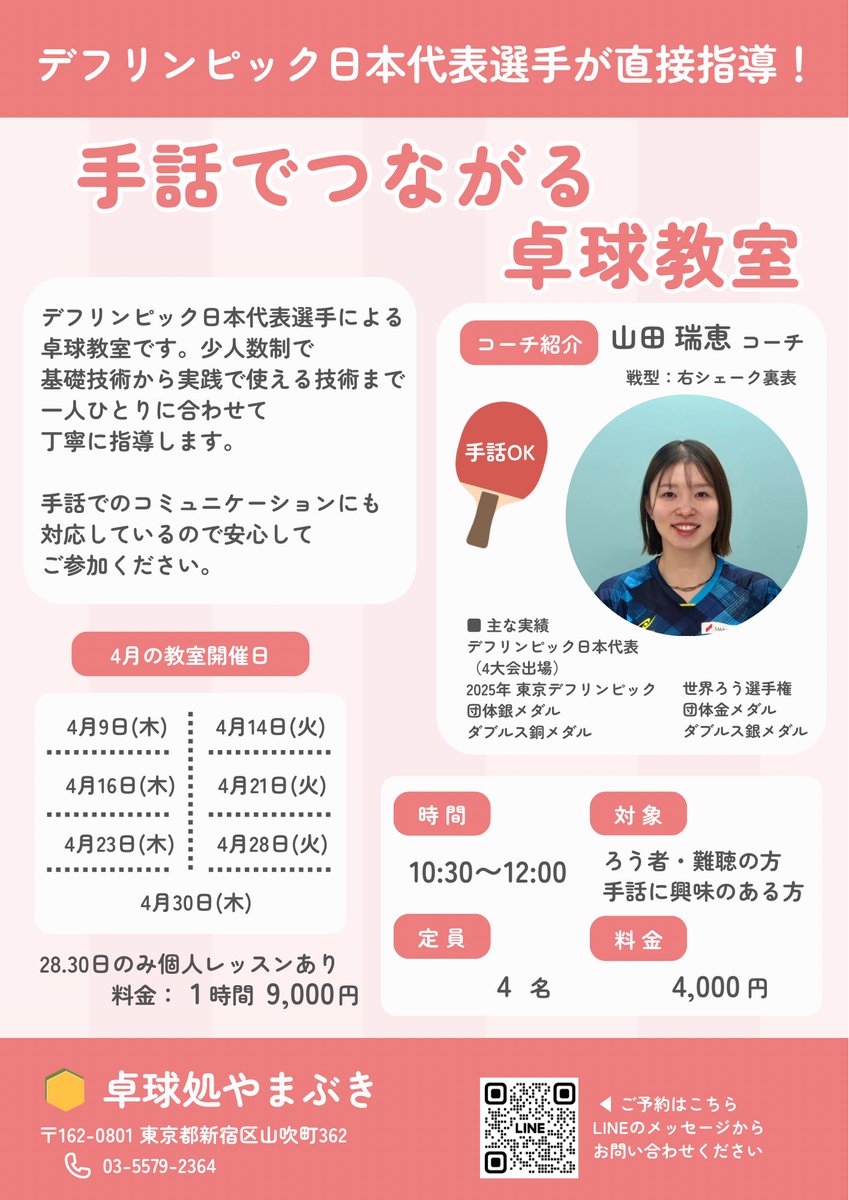 takkyudokoro's tweet photo. 今日から山田瑞恵コーチの
レッスンがスタートしました！
ご参加いただきありがとうございました🏓

次回は4月14日（火）10:30〜
皆さまのご参加お待ちしております！

ご予約はこちら
https://t.co/SPSPCipIVz

#卓球 #卓球教室 #デフ卓球 #手話 https://t.co/HayHSBOAUH
