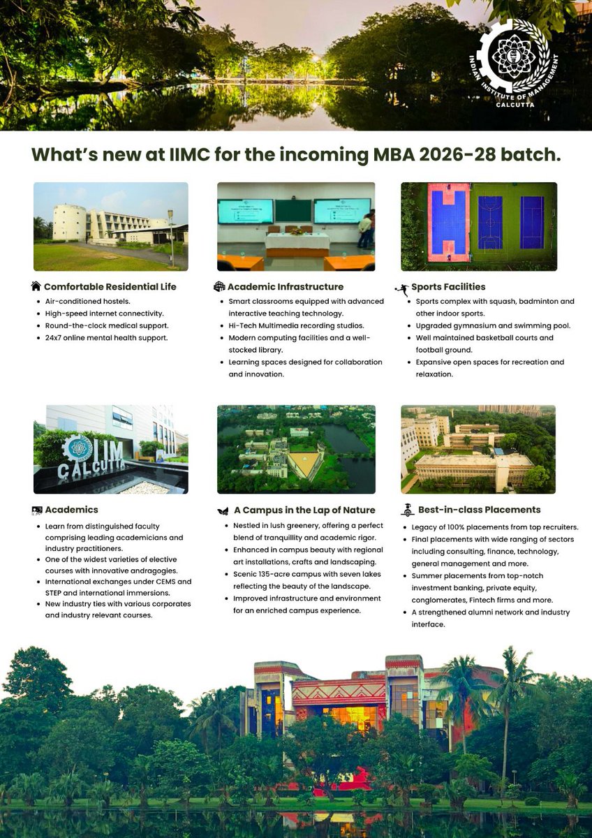 IIM_Calcutta's tweet image. What’s new at IIM Calcutta for the MBA 2026–28 batch🎓

From enhanced academic infrastructure and residential facilities to vibrant campus life and strong placement opportunities—here’s a glimpse of what awaits the incoming batch.

#IIMCalcutta #MBA2026 #CampusLife #FutureLeaders
