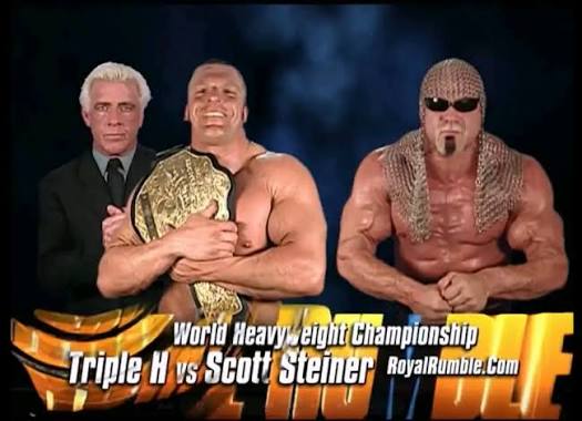 WWEVideoPackage's tweet photo. #TripleH vs #ScottSteiner

#RoyalRumble '03

Song: #TrustCompany "Falling Apart" 

#WWE #VideoPackage #WWE03 https://t.co/xzX6ljrFvT