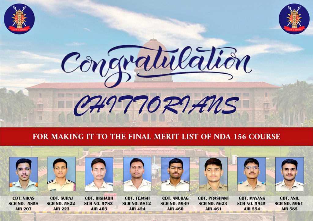 Heartiest congratulations to the Chittorians for making it to the final merit list of NDA 156 course.
#Proudchittorian