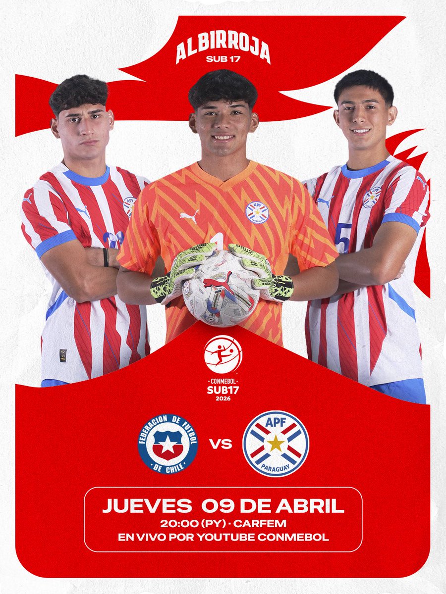 ✅ ¡Hoy juega la #AlbirrojaSub17! ⚪🔴 

🆚 🇨🇱
🕗 20:00 h
🏆 CONMEBOL Sub 17 - Fecha 4 Grupo A. 
🏟️ CARFEM
📺 YouTube CONMEBOL 

¡Por el objetivo! 👊🏻
#VamosParaguay 🇵🇾