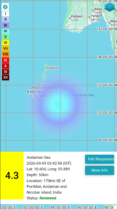 SocioMediaX's tweet photo. Earthquake | Andaman Sea  
    
Earthquake of Magnitude: 4.3, On: 09/04/2026 03:43:58 IST, Lat: 10.604 N, Long: 93.889 E, Depth: 50 Km, Location: Andaman Sea.