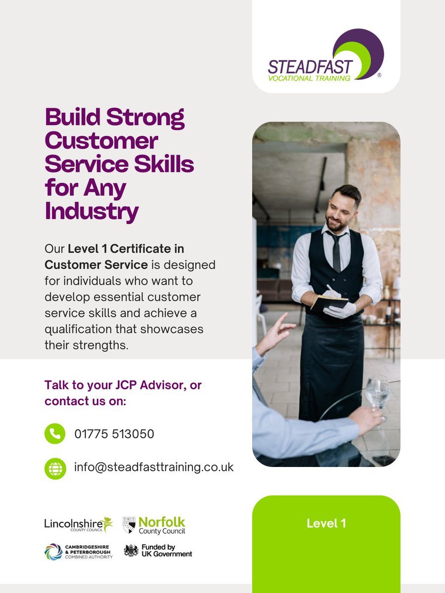 SteadfastTr's tweet image. Want to build strong customer service skills for any industry?

Build the confidence to succeed in customer-facing roles.

Talk to your JCP Advisor to enrol, or contact us:
📞 01775 513050
📧 upskill@steadfasttraining.co.uk

#CustomerService #SkillsDevelopment