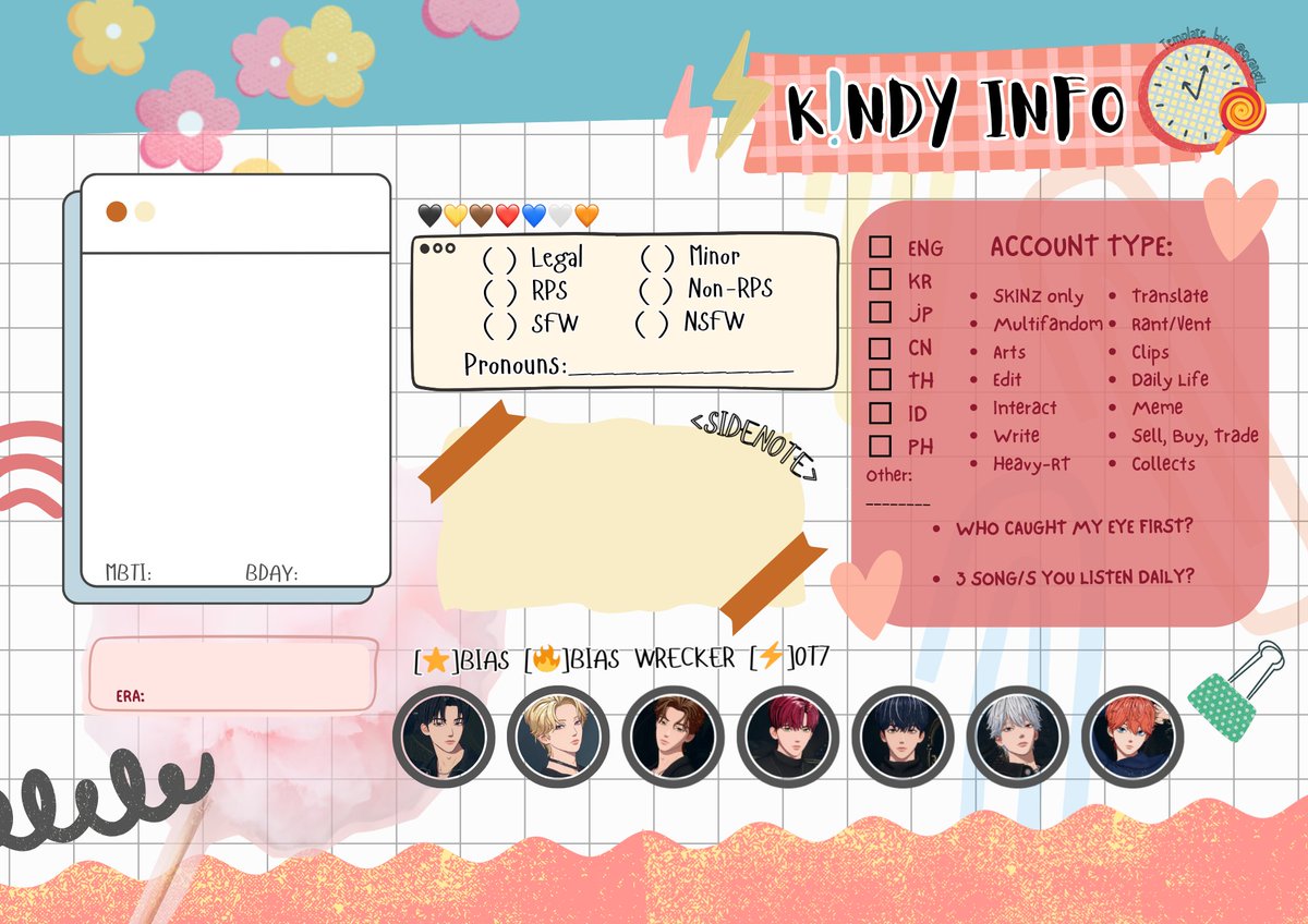 qyyangii_'s tweet photo. Here is the template ver. 🪄
-feel free to use the template & enjoy filling it out! cannot wait to see more kindys lurking around here 🙂↕️🌷 #KINDY_Info https://t.co/XGZBJMII3V