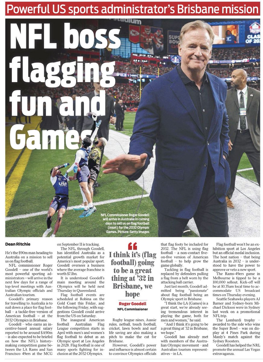 FlagFBSource's tweet image. This is how you grow the game.

Roger Goodell announced the NFL will supply flag football kits to schools across Australia—creating opportunities for thousands of new athletes.

#GrowTheGame #FlagFootball #NFL #NFLFlag