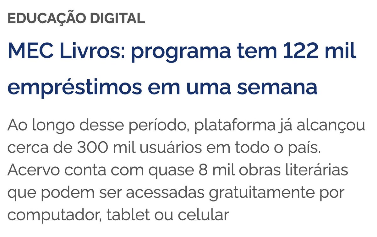 O MEC Livros já é um sucesso. 

Acesso digital direto e gratuito a milhares de publicações para incentivar a leitura e o conhecimento.