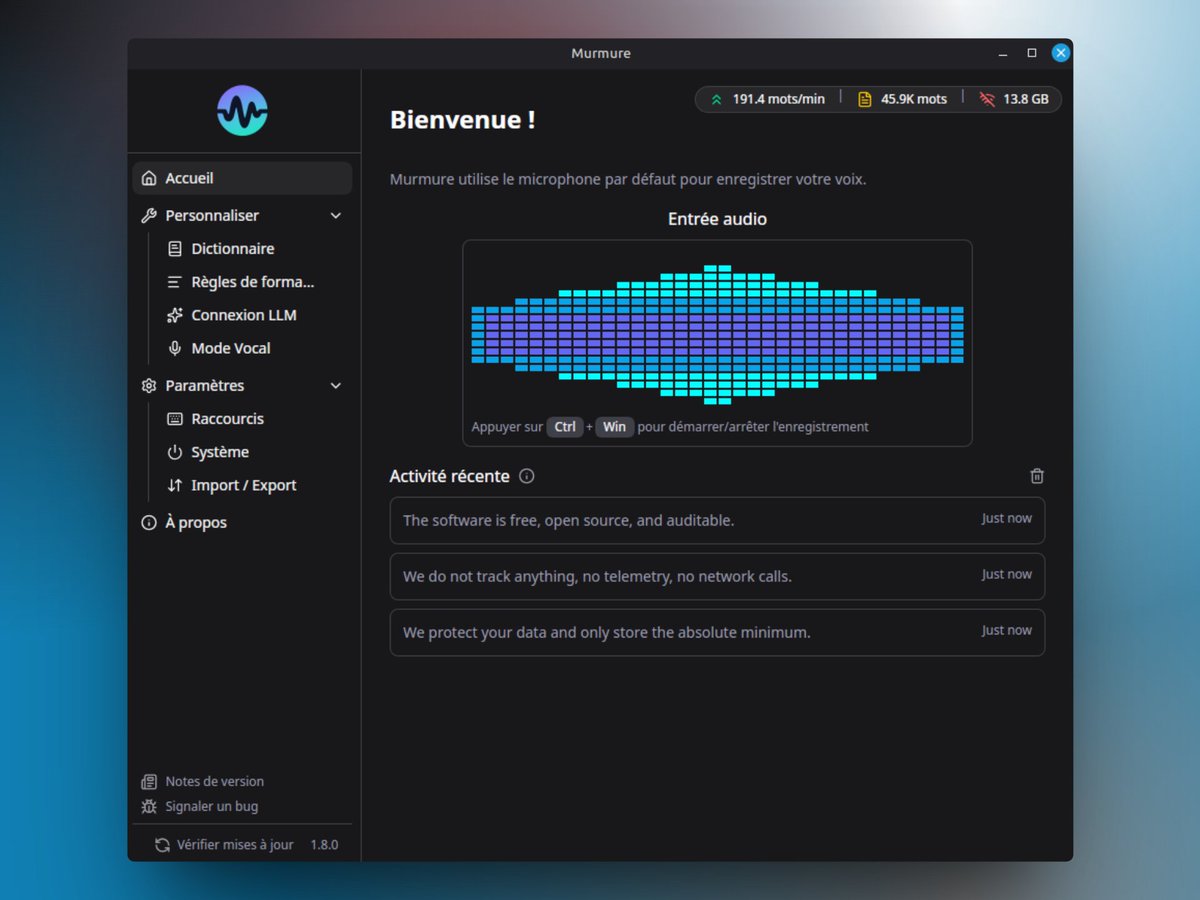 CamilleRoux's tweet image. Murmure : speech-to-text en local, open-source, propulsé par NVIDIA Parakeet. Aucune donnée qui quitte votre machine, 25 langues européennes supportées, opérationnel en moins de 5 minutes. 
murmure.app