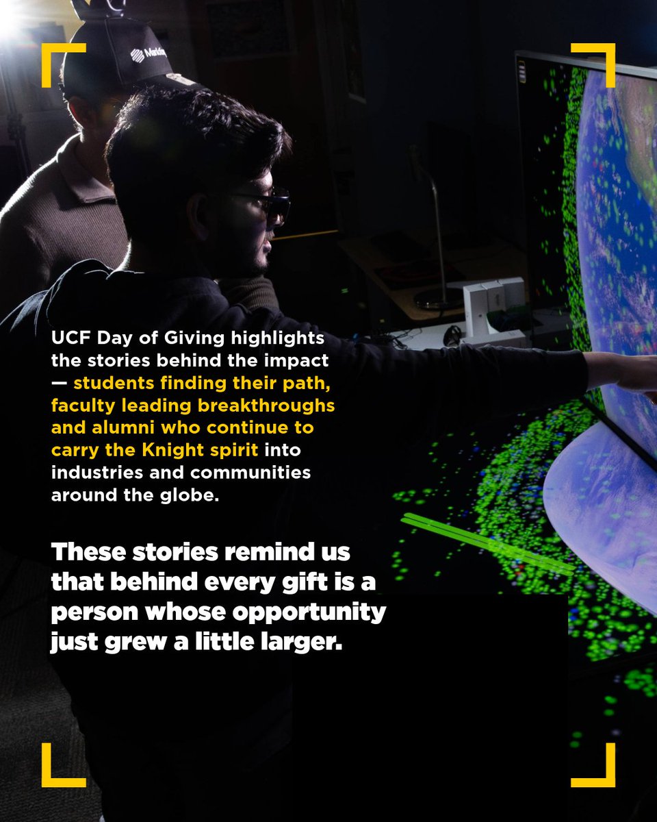 UCF's tweet photo. Today is UCF Day of Giving. ✨

From Orlando to communities across the country and around the world are uniting with one shared goal: elevating student success, advancing discovery and innovation. 

When Knights give, opportunity expands.🚀 https://t.co/rB7E9sQjoA https://t.co/tZ7qqKbCTA