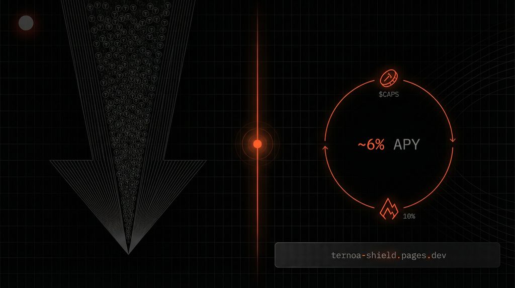 Ternoa_'s tweet photo. Most DeFi yields pay you in inflationary tokens. 🔴

Shield pays in $CAPS.

Then burns 10% of all yield revenue back off the supply.

You earn. The supply shrinks. Repeat.

~6% APY on bridged assets.

https://t.co/GpewTS6axy https://t.co/58OLEXDWo7