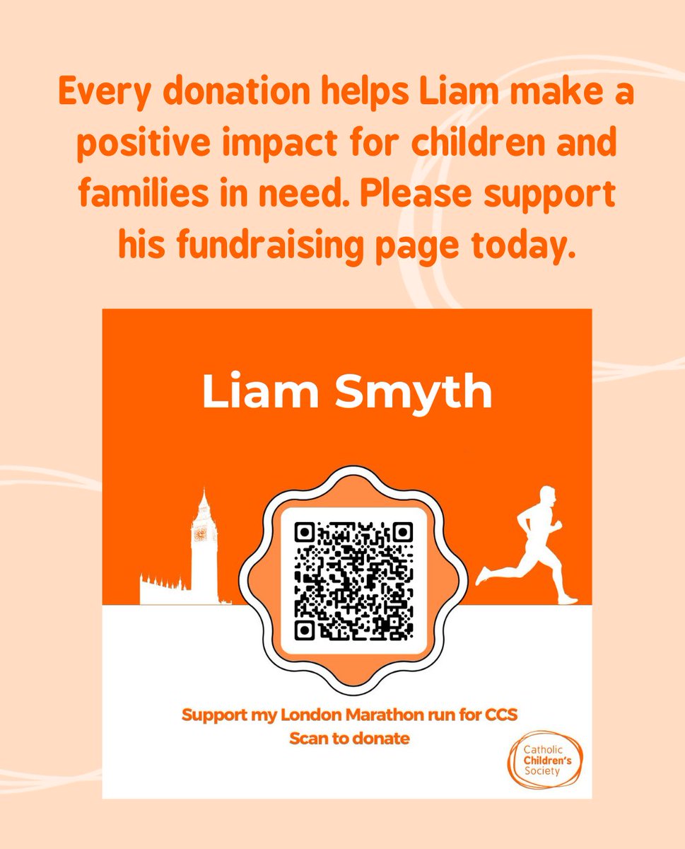 CathChildW's tweet photo. Meet Liam - one of our incredible runners taking on his 1st London Marathon for CCS! 🏃‍♂️

Having seen the impact of our work, he is raising funds to help more children and families in need 💛 Please donate via the link in our bio or swipe to scan his QR code.

#LondonMarathon2026 https://t.co/NUAV4YFa6q