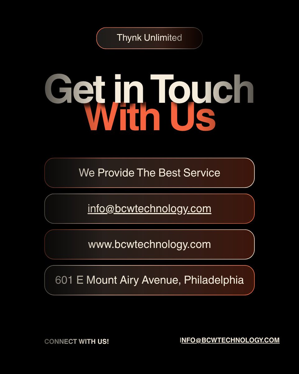 BCWtechnology's tweet photo. Get in touch with us. 📞✨

High-quality tech services are just a message away. Whether you're in Philly or across the globe, let's connect and make your next project a success.

✅ Best-in-class service ✅ Expert tech team ✅ Global reach
Visit https://t.co/Rb6pxbuFMZ for more https://t.co/SvcnWr8TNk