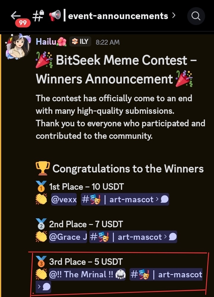 GSMrinal1808's tweet photo. Just secured 3rd place in the @BitSeek_Ai Meme Contest 🥉
Grateful for the opportunity and support 🙌
Congrats to all winners! 🚀
#bitseek #Web3 #Meme #testnet https://t.co/wRFtROAHH7