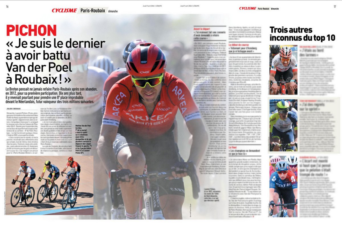 RenaudB31's tweet image. #ParisRoubaix 🪨 / #Média 📰
🇫🇷 Laurent Pichon, 8e de l'Enfer du Nord en 2022, raconte la performance la plus inattendue de sa carrière : "Le dernier à avoir battu Van der Poel à Roubaix !"

📰 L'Équipe du 09/04