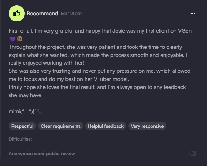 dude im crying my Model artist + rigger <a href="/nanamixsora/">Nanami⋆˚🐾˖° VArtist</a> left me a vgen review