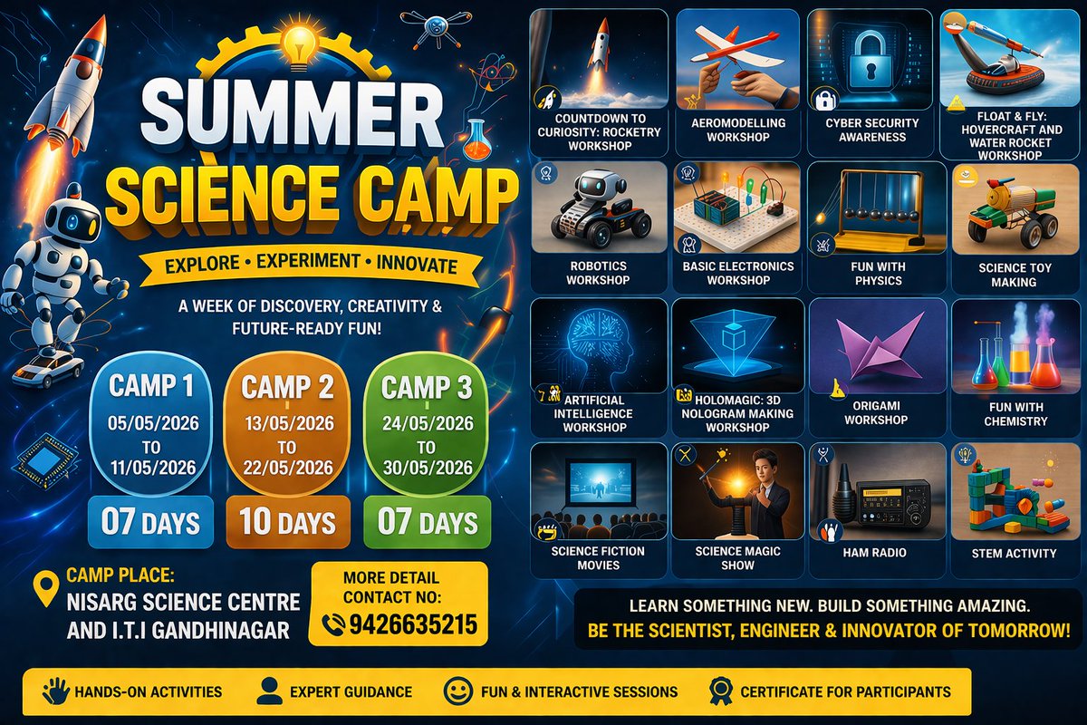 NisargCSC's tweet image. Explore, experiment &amp;amp; innovate with exciting hands-on activities:
✨ Various exciting activities 📅 Multiple Camp Batches in May 2026
📍 Nisarg Science Centre &amp;amp; I.T.I. Gandhinagar
📞 9426635215
✨ Learn, build &amp;amp; become the innovator of tomorrow!

#SummerCamp  #STEM #Innovation