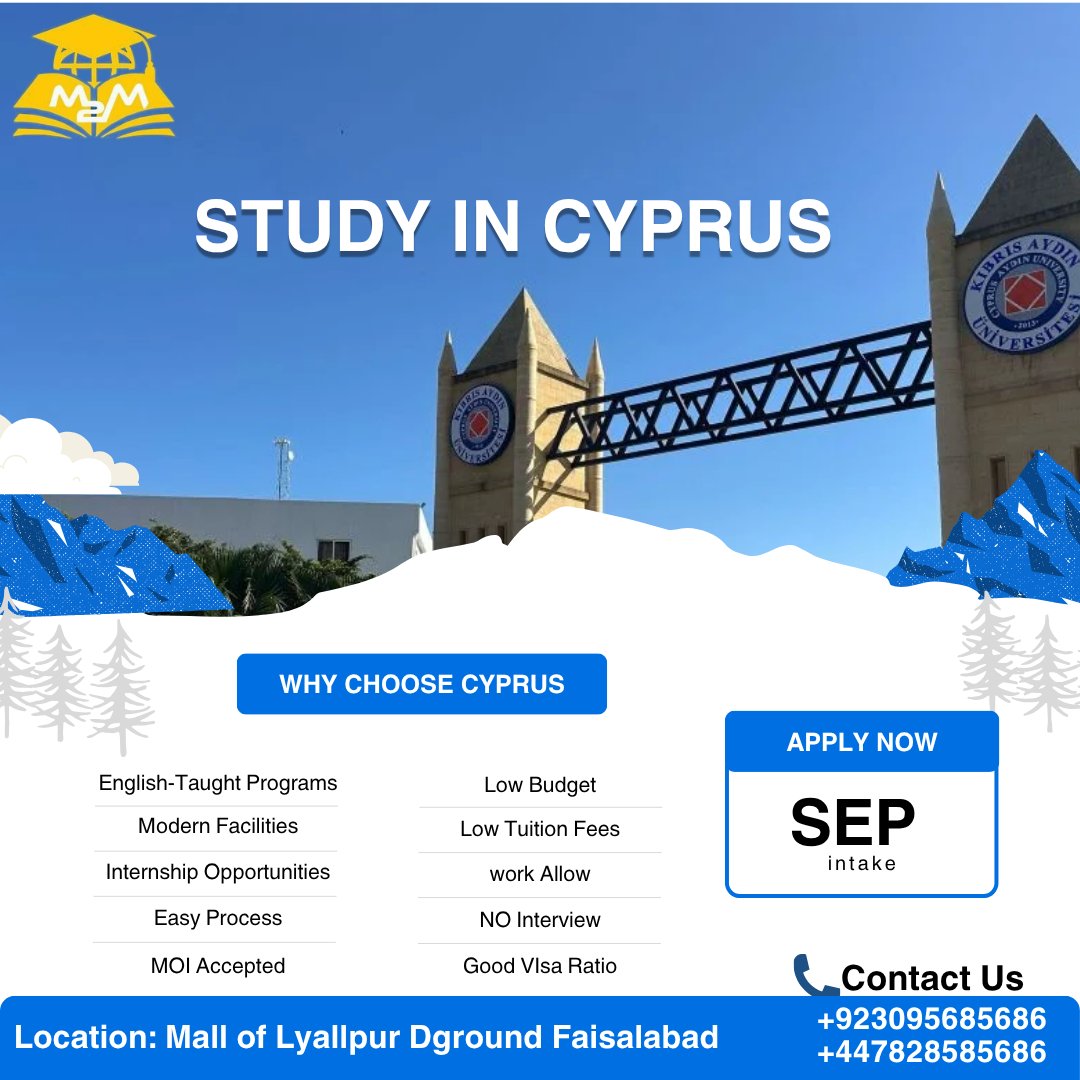 M2MGConsultants's tweet photo. Why Choose Cyprus? π Quality Education: Globally recognized degree π· Office: Office #52, Mall of Lyallpur, Faisalabad π· Website: https://t.co/XqgZGEDVPc #StudyInCyprus #CyprusEducation #AffordableStudy #M2MGlobal #Fsd https://t.co/3EswhVBFPk