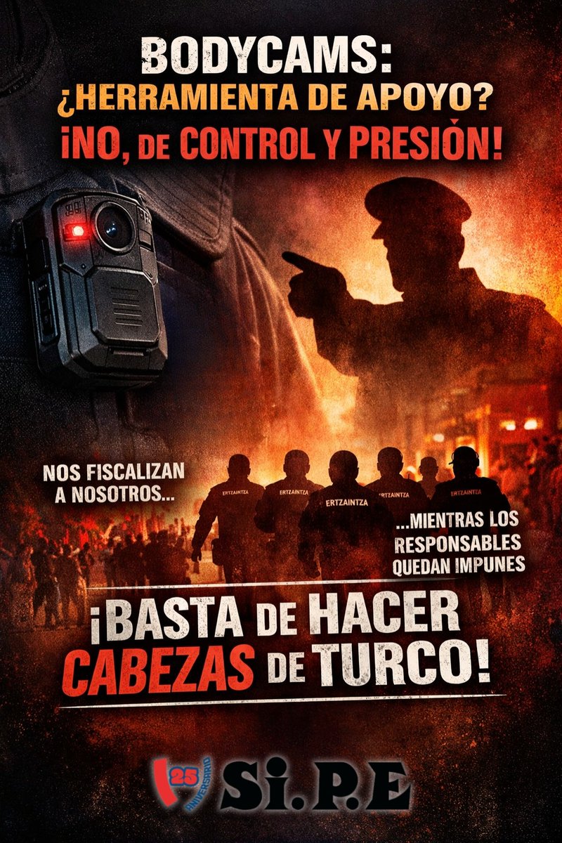 sipertzaintza's tweet image. Las #bodycams deben proteger a los ertzainas, no convertirse en una herramienta de control y presión.

Desde #SiPE denunciamos que se está expedientando a agentes mientras quienes toman decisiones que ponen en riesgo a la plantilla siguen sin asumir responsabilidades.