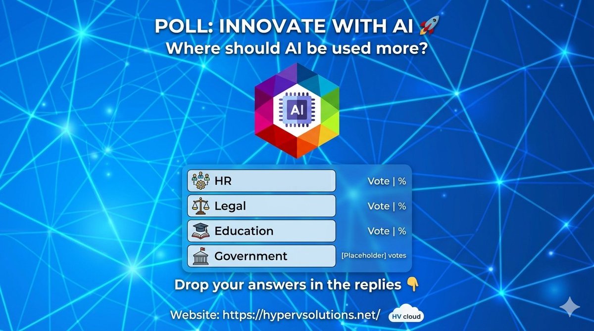 hypervsolutions's tweet image. Where should AI be making the biggest impact right now? 
Cast your vote below and drop your answers in the replies! Let’s see which industry needs the ultimate tech glow-up. 
hypervsolutions.net
#AI #Innovation #TechPoll #HyperVSolutions