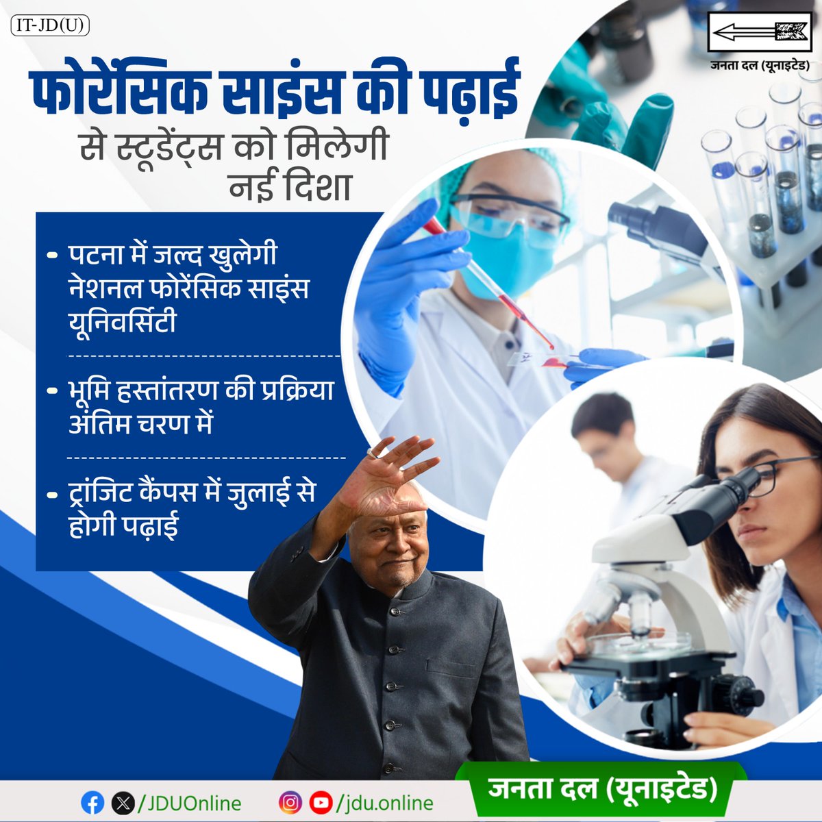 Jduonline's tweet image. पटना में जल्द ही नेशनल फोरेंसिक साइंस यूनिवर्सिटी खुलने जा रही है। फोरेंसिक साइंस की पढ़ाई शुरू होने से राज्य के युवाओं को एक नई दिशा मिलेगी।
इसके लिए भूमि हस्तांतरण की प्रक्रिया अपने अंतिम चरण में है।

@NitishKumar

#NationalForensicScienceUniversity #Patna #Bihar 
#NitishKumar