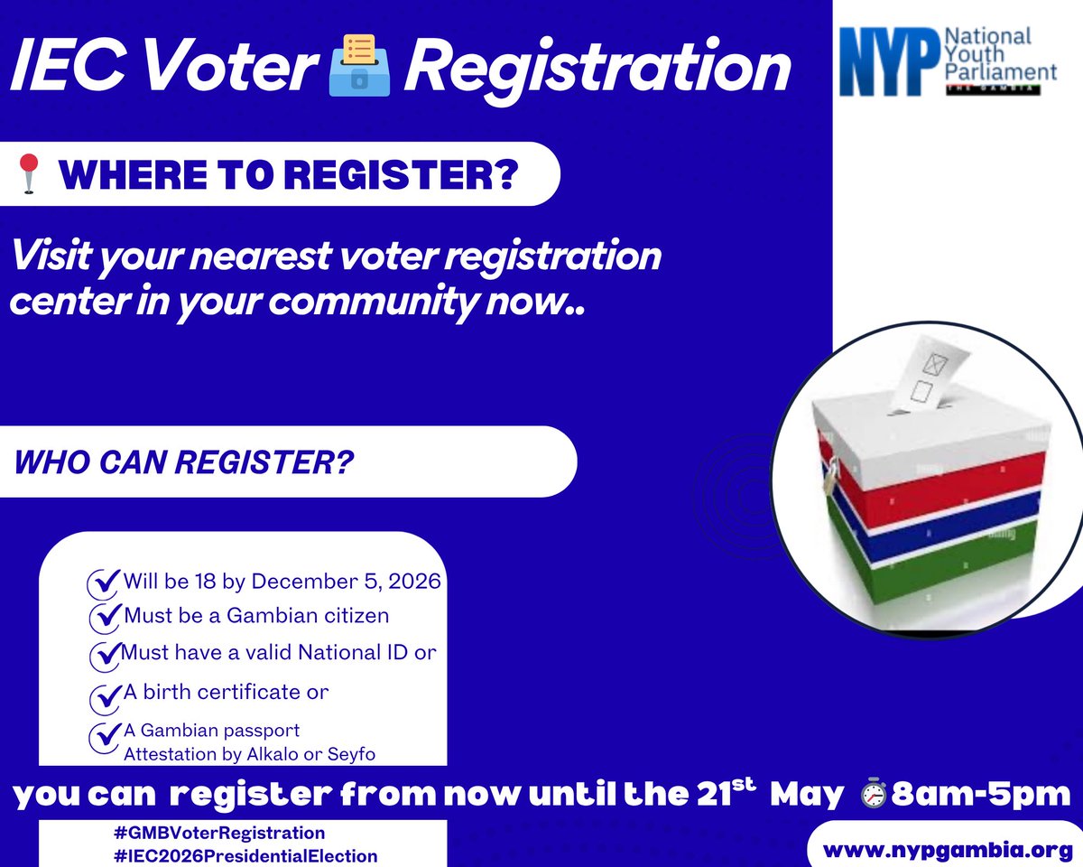A voter’s card gives you the opportunity to participate in decisions that affect your life daily. Registering for your voter’s card is more than just a formality, it gives you the chance to be heard. As the #IEC #elections approaches, make sure you are ready to play your part🇬🇲🗳️