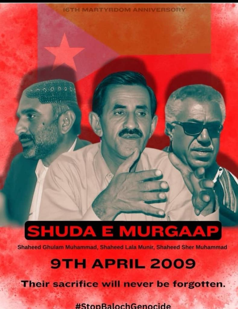 Asad_baloch820's tweet photo. Martyrs of Muraap
17th anniversary of Martyrs of Muraap
#9april

April 9, 2009 is the day when three #Baloch leaders wrote history with their blood. 🩸 

#MartyrsOfMurgaap
#shuhdaemurgaap
#Balochistan
#StopBalochGenocide https://t.co/vJbPPVk2mW