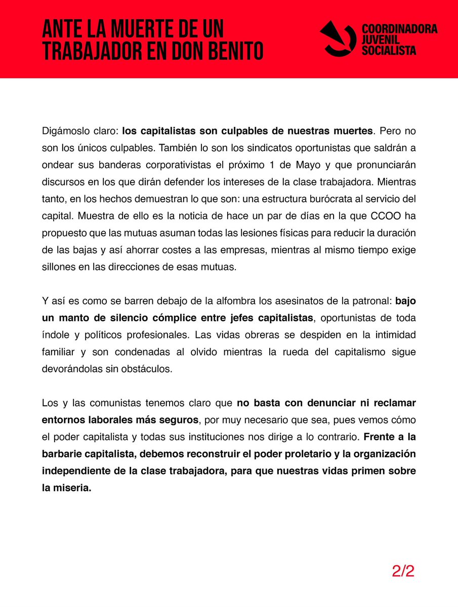 🔴 ANTE LA MUERTE DE UN TRABAJADOR EN DON BENITO

Un trabajador ha perdido la vida al caer desde una altura de 10 metros sin protección. Sus jefes retrasaron la llamada al 112 para disfrazar el lugar del accidente.

Hoy y siempre debemos denunciar la barbarie capitalista.