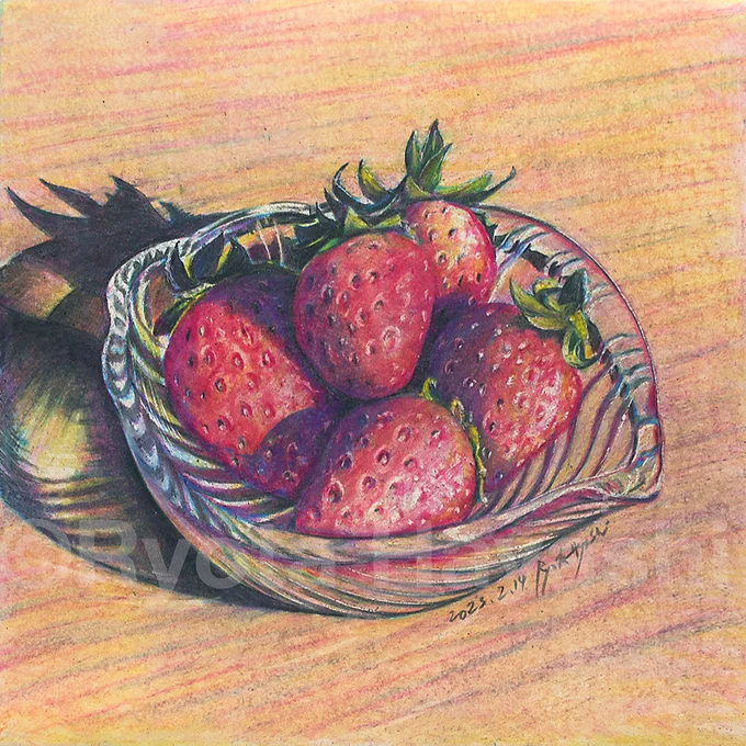静物の物語 第9回 Strawberry Dreams/色鉛筆(Karisma Color)/2023年2月/158×158mm(muse Beアートペーパー) ひだまりのいちごたち。 原画販売済 #色鉛筆画 #林亮太 #静物画 #5色描画