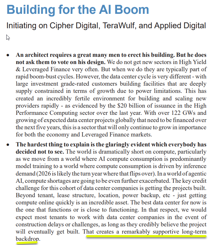 matthew_sigel's tweet photo. JPM High Yield Credit Research initiates $CIFR $WULF $APLD bonds with very bullish note.

"The hardest thing to explain is the glaringly evident which everybody has decided not to see. The world is dramatically short on compute."

"From a market structure standpoint, we are highly confident in the market’s ability and appetite to absorb high yield (and eventually Leveraged Loan) data center risk.  Virtually every deal that has been brought to market has been upsized and/or tightened, and essentially all have traded well."

Team likes the $CIFR (Barber Lake & Black Pearl) most, then $APLD Polaris Forge bonds.