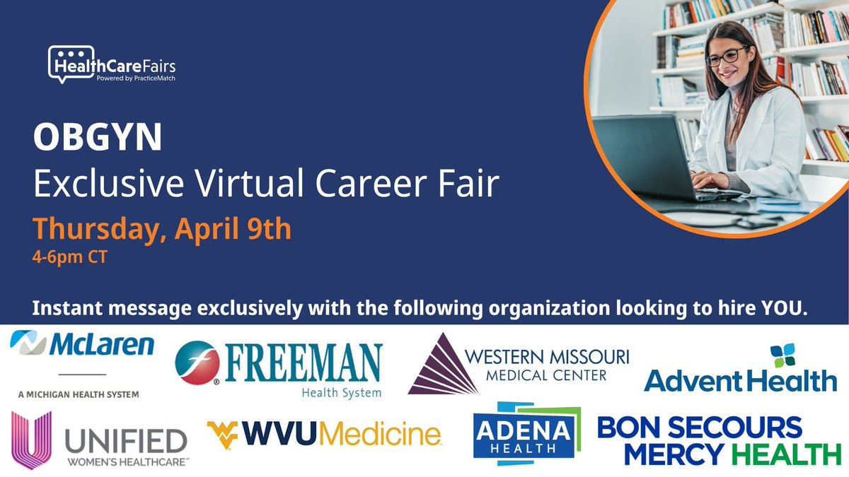PracticeMatch's tweet image. Today’s the Day: OBGYN Virtual Career Fair 💬

The OBGYN Semi‑Exclusive Virtual Career Fair is today from 4–6 PM CT. Join when it works for you and connect directly with hospitals and healthcare systems.

Register: ow.ly/CgLf50YF335

#PracticeMatch #OBGYN #VirtualCareerFair