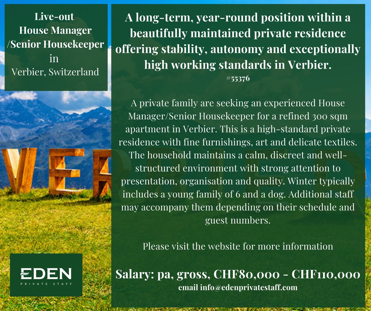 EdenPrivateStaf's tweet image. 🇨🇭 Live-Out House Manager / Senior Housekeeper — Verbier, Switzerland (AS-55376) 🏔️

edenprivatestaff.com/job/live-out-h…

#HouseManager #SeniorHousekeeper #VerbierJobs #SwitzerlandJobs #HouseholdRecruitment #PrivateStaffing #LuxuryHousehold #EdenPrivateStaff
