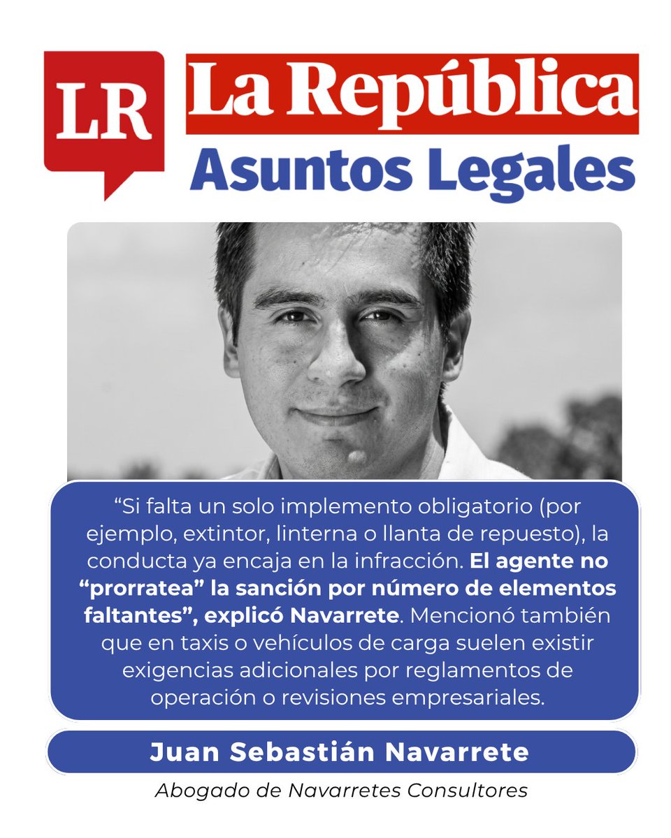 NavarreteConsu3's tweet photo. Desde una perspectiva jurídica, nuestro abogado Juan Sebastián Navarrete explica cuales son las claves legales para evitar sanciones en carretera.

“Si falta un solo implemento obligatorio (como extintor, linterna o llanta de repuesto), la conducta ya configura una infracción. La sanción no se prorratea por número de elementos faltantes”

La recomendación es clara: verificar previamente el cumplimiento de todos los requisitos legales antes de iniciar un viaje.

#AsuntosLegales #DerechoDeTránsito #JuanSebastiánNavarrete #Movilidad #SeguridadVial #SOAT #RUNT #Abogados #NavarreteConsultores