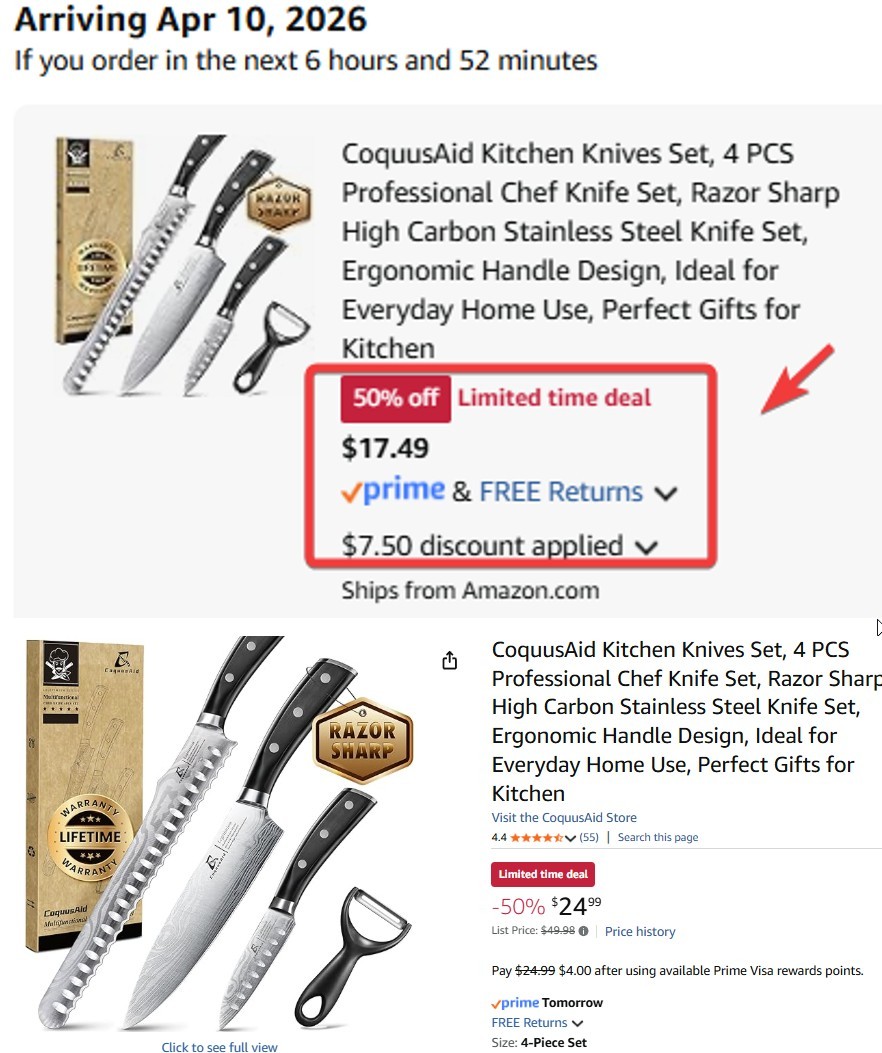 Pricerrors's tweet photo. DOUBLE DISCOUNT ON PROFESSIONAL 4-PIECE KNIFE SET 🔪

Amazon already discounted 50% off BUT use code XOMLYKRW to get it down to $17.

Normally retails $50 for the entire set.

https://t.co/HUeTuMI7hy #ad
