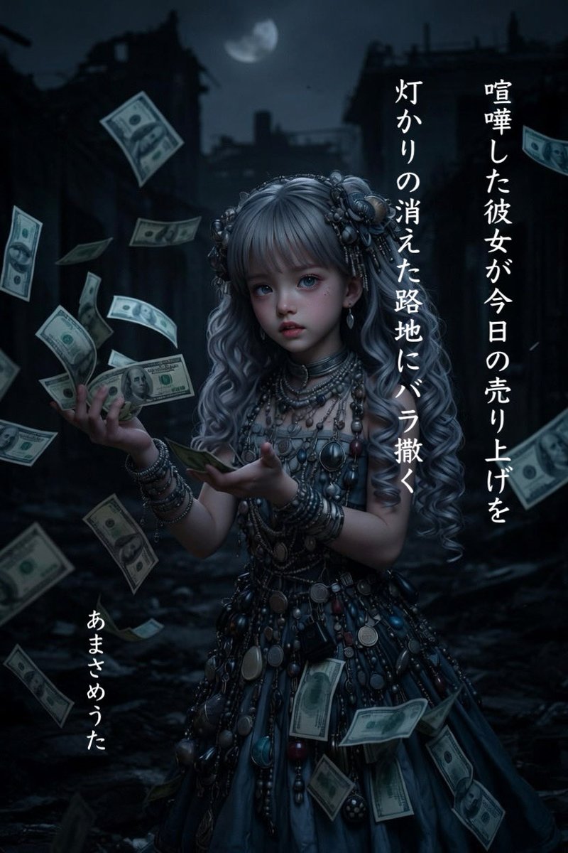 喧嘩した彼女が今日の売り上げを灯かりの消えた路地にバラ撒く（心の花／月詠を落ちた歌）

遠い昔のテレビドラマみたいな話しですが実話です。通りがかりのおじさんに拾ってネコババされそうになり、回収するのが大変でした（笑）

昨日は娘の入学式の後で #心の花