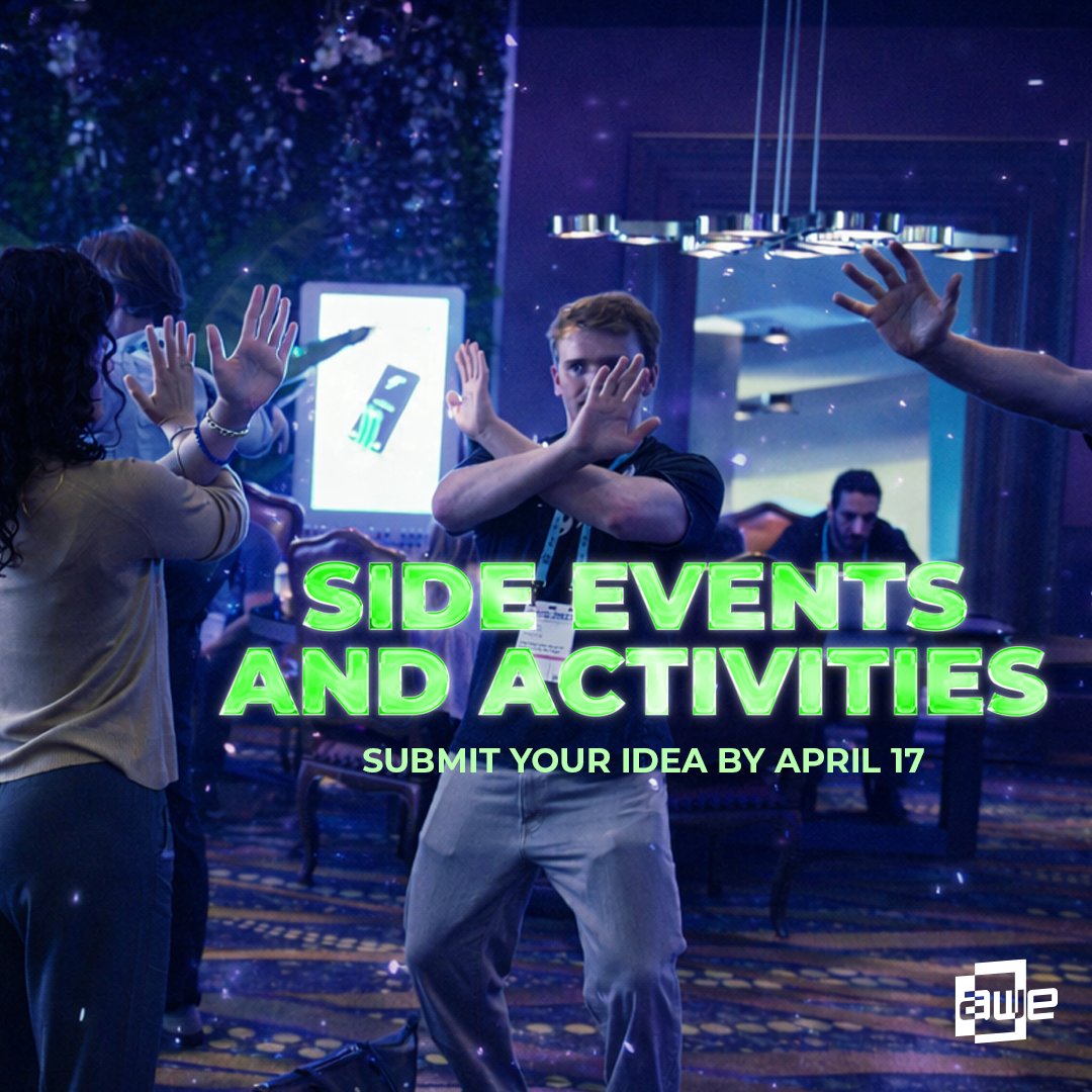 ARealityEvent's tweet image. Got a great idea to elevate the AWE USA 2026 experience? 💡
Whether it's a networking meetup, a hands-on XR experience, or a skill-building workshop in Long Beach, we want to hear from you.

Submit your idea by April 17:
➡ hubs.li/Q048dnPH0

#AWE2026 #XR #ISpatial